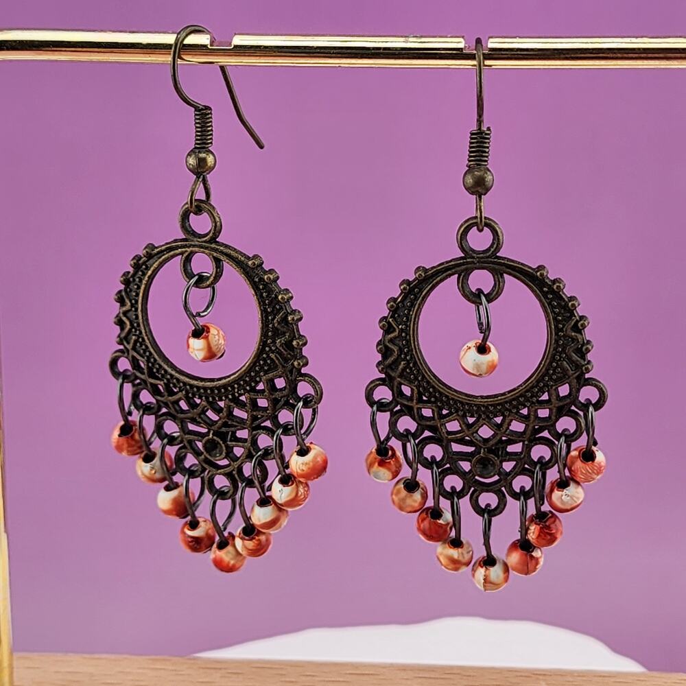 Bronze Tone Coral Color Bead Filigree Chandelier Earrings Boho Dangle